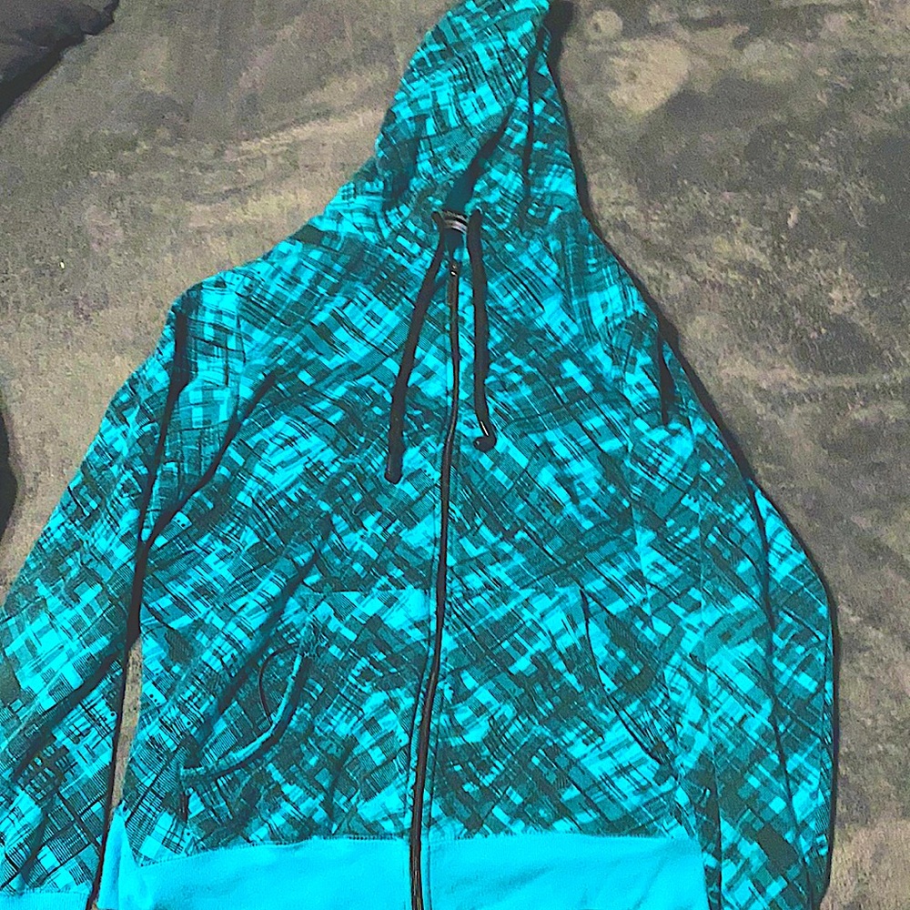 Blue and Black hoodie with in garment headphones